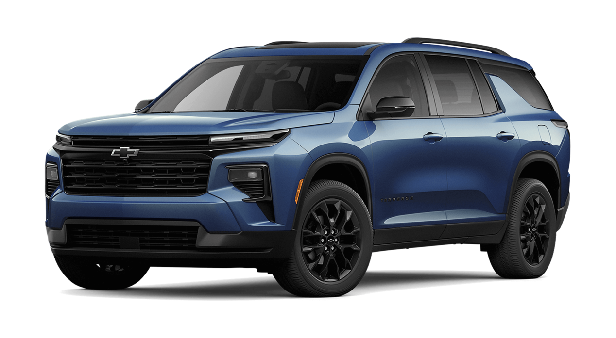 Chevrolet Traverse 2025 en color azul laguna, destacando su diseño frontal moderno y robusto