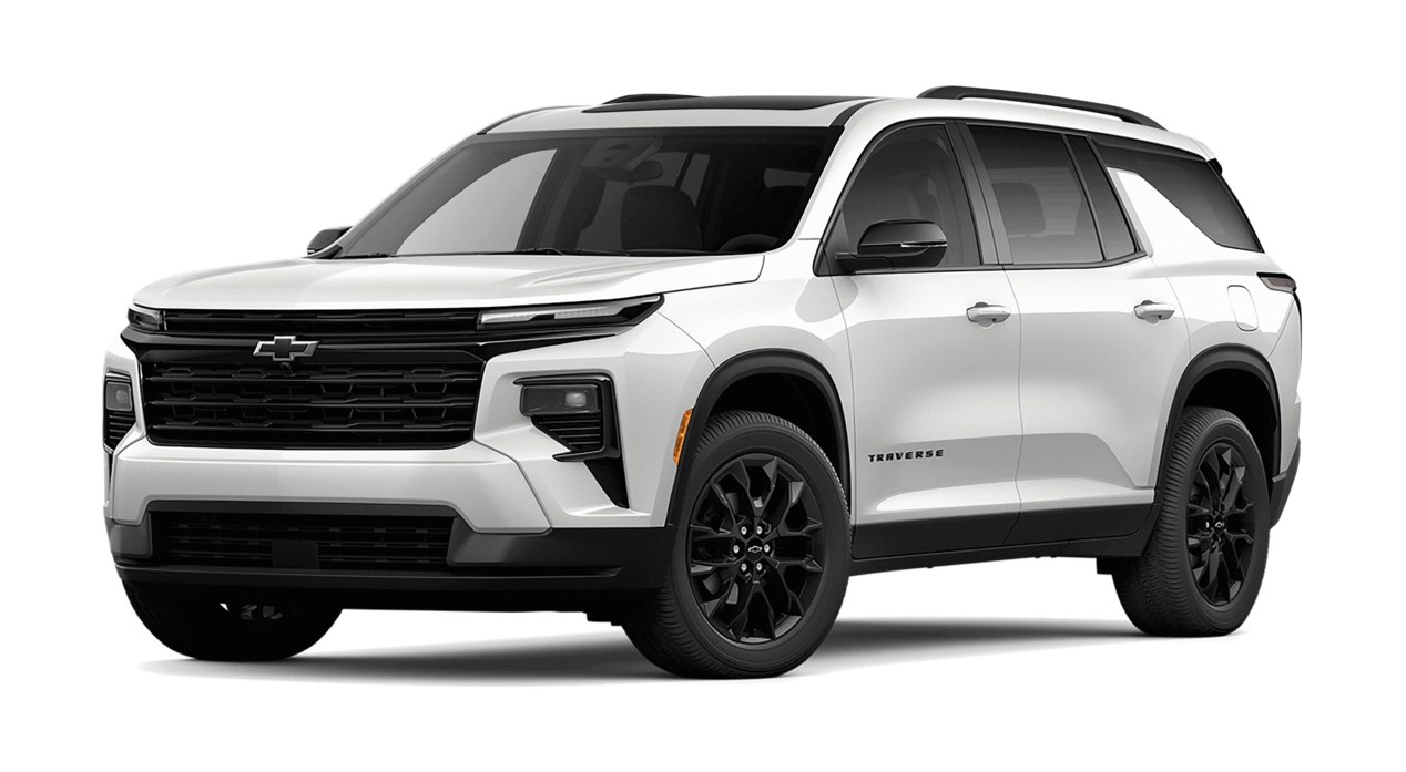 Chevrolet Traverse 2025 en color blanco granizado, destacando su diseño frontal moderno y robusto