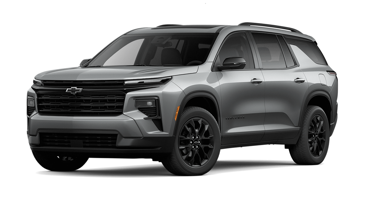 Chevrolet Traverse 2025 en color plata metálico, destacando su diseño frontal moderno y robusto
