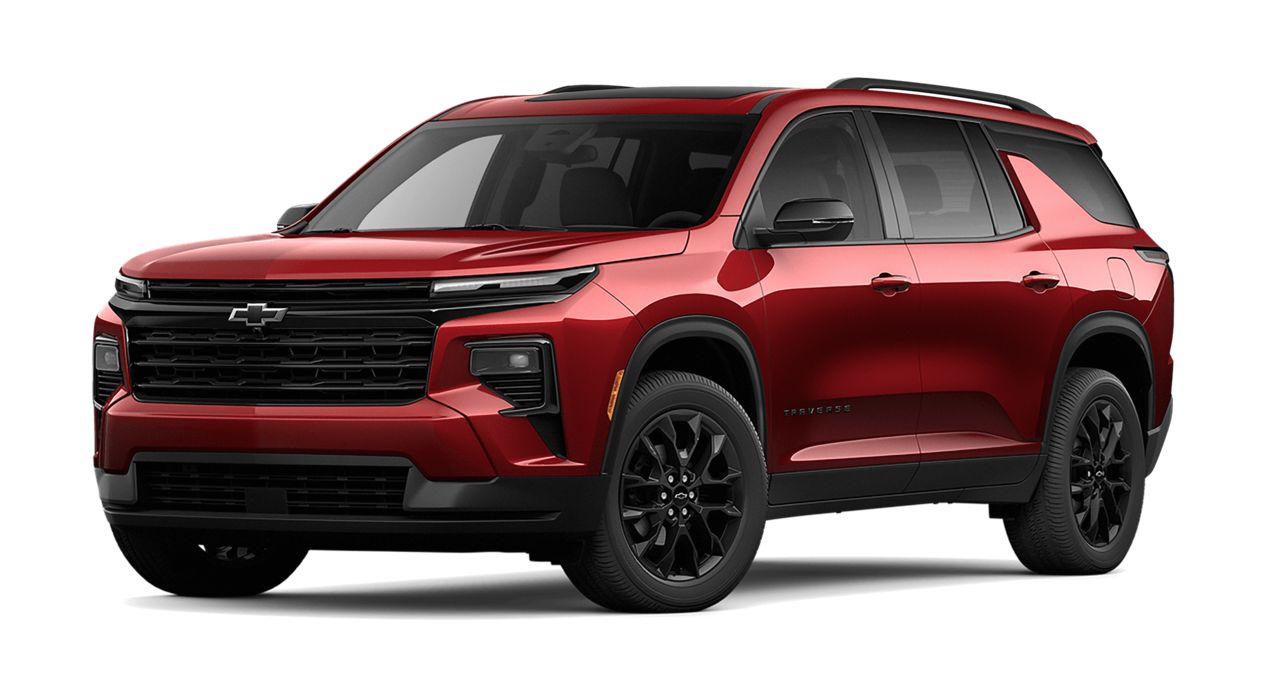 Chevrolet Traverse 2025 en color rojo metalizado, destacando su diseño frontal moderno y robusto