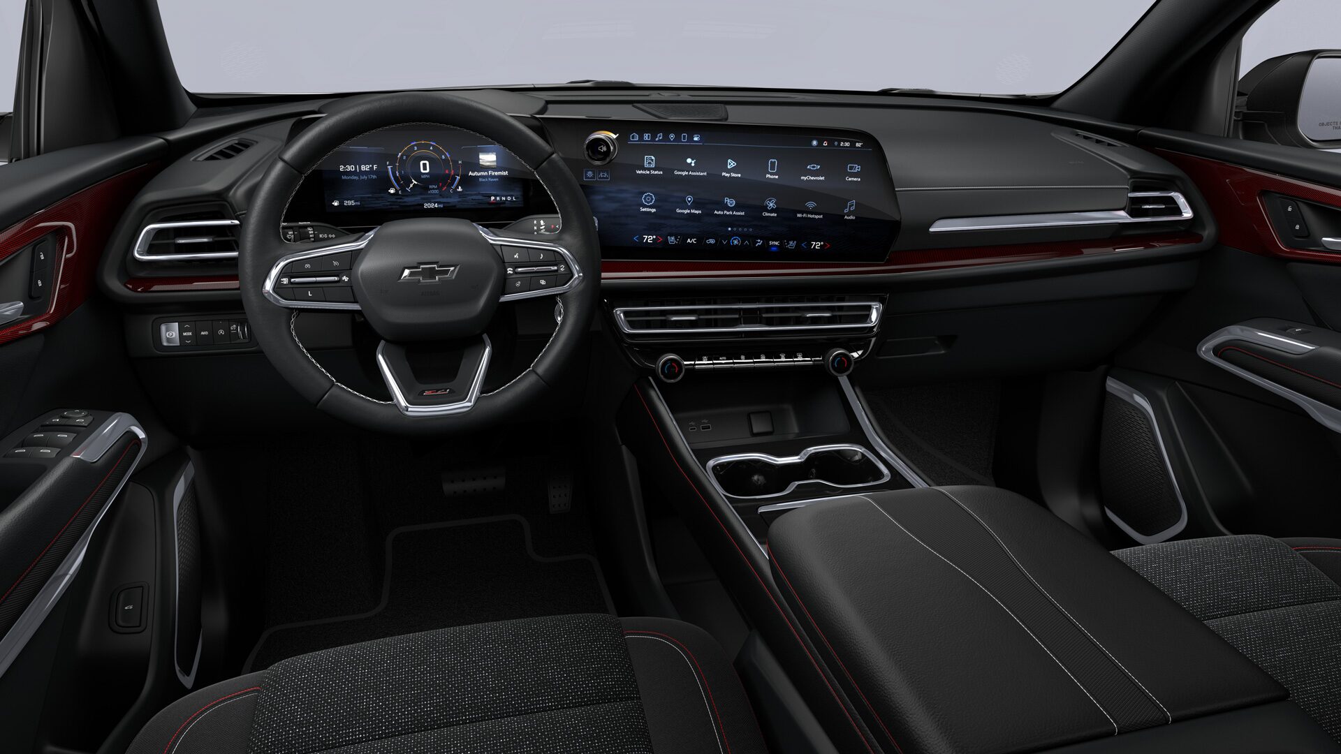  Interior Jet Black de la Chevrolet Traverse con detalles en rojo.