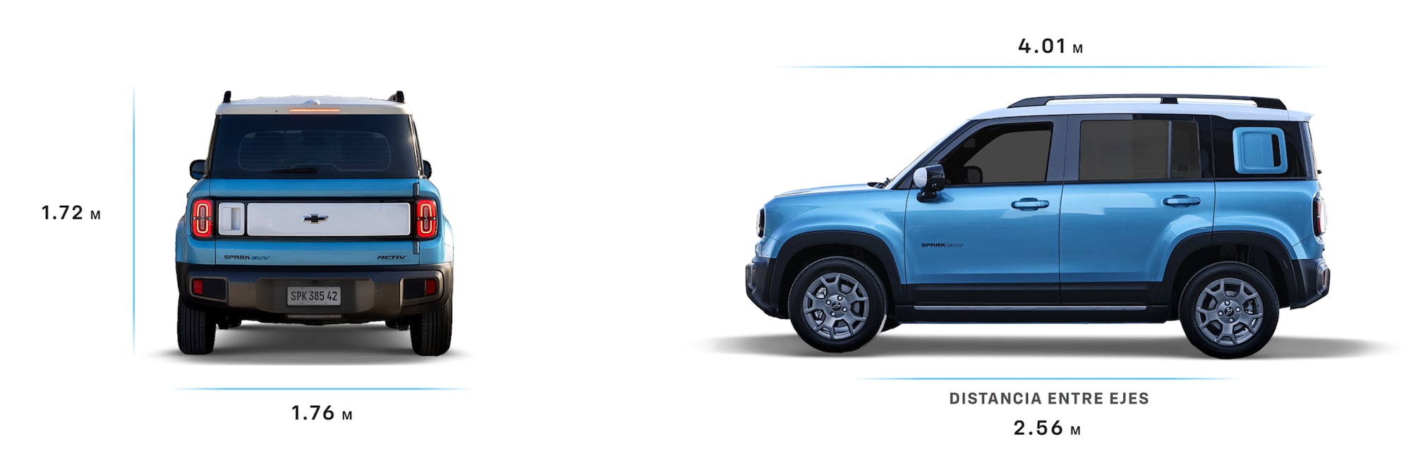 Dimensiones del Chevrolet Spark EUV: 4.01m largo, 1.76m ancho, 1.72m alto, 2.56m distancia entre ejes