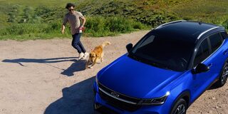 Chevrolet Groove estacionada con un hombre y un perro caminando cerca.